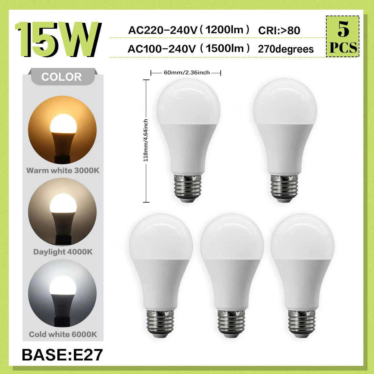5PCS 20W 18W 15W 12W 10W 9W 8W E27 LED Bulb Lamps AC220V Light Bulb Real Power A60 A80 Lampada Living Room Home LEDS Bulb