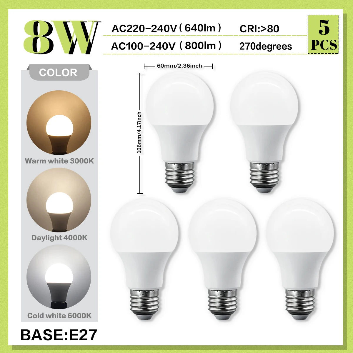 5PCS 20W 18W 15W 12W 10W 9W 8W E27 LED Bulb Lamps AC220V Light Bulb Real Power A60 A80 Lampada Living Room Home LEDS Bulb