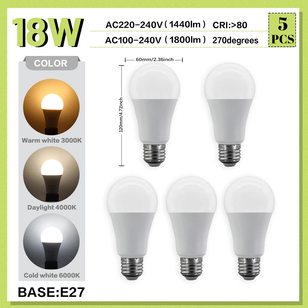 5PCS 20W 18W 15W 12W 10W 9W 8W E27 LED Bulb Lamps AC220V Light Bulb Real Power A60 A80 Lampada Living Room Home LEDS Bulb