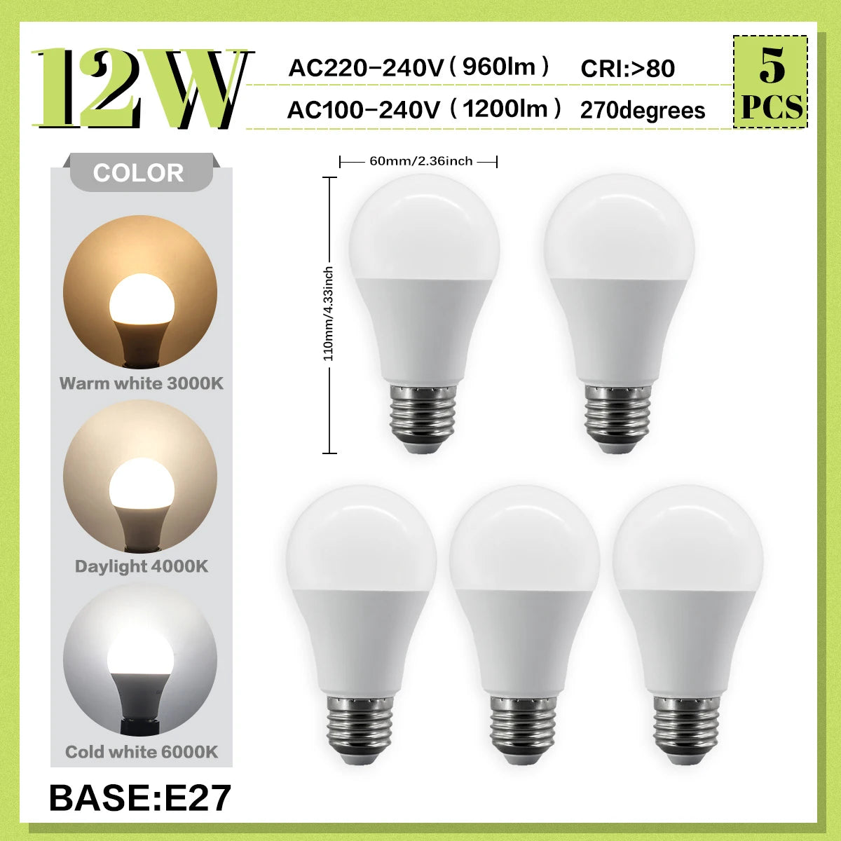 5PCS 20W 18W 15W 12W 10W 9W 8W E27 LED Bulb Lamps AC220V Light Bulb Real Power A60 A80 Lampada Living Room Home LEDS Bulb