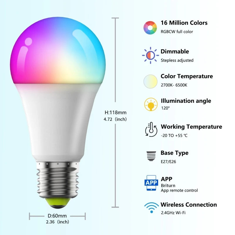 1-12pcs WiFi Smart LED Bulb Bluetooth Light Bulbs AC85-265V Dimmable Spotlight Bulb E27 RGB+CW+WW LED Color Change Lamp For Home