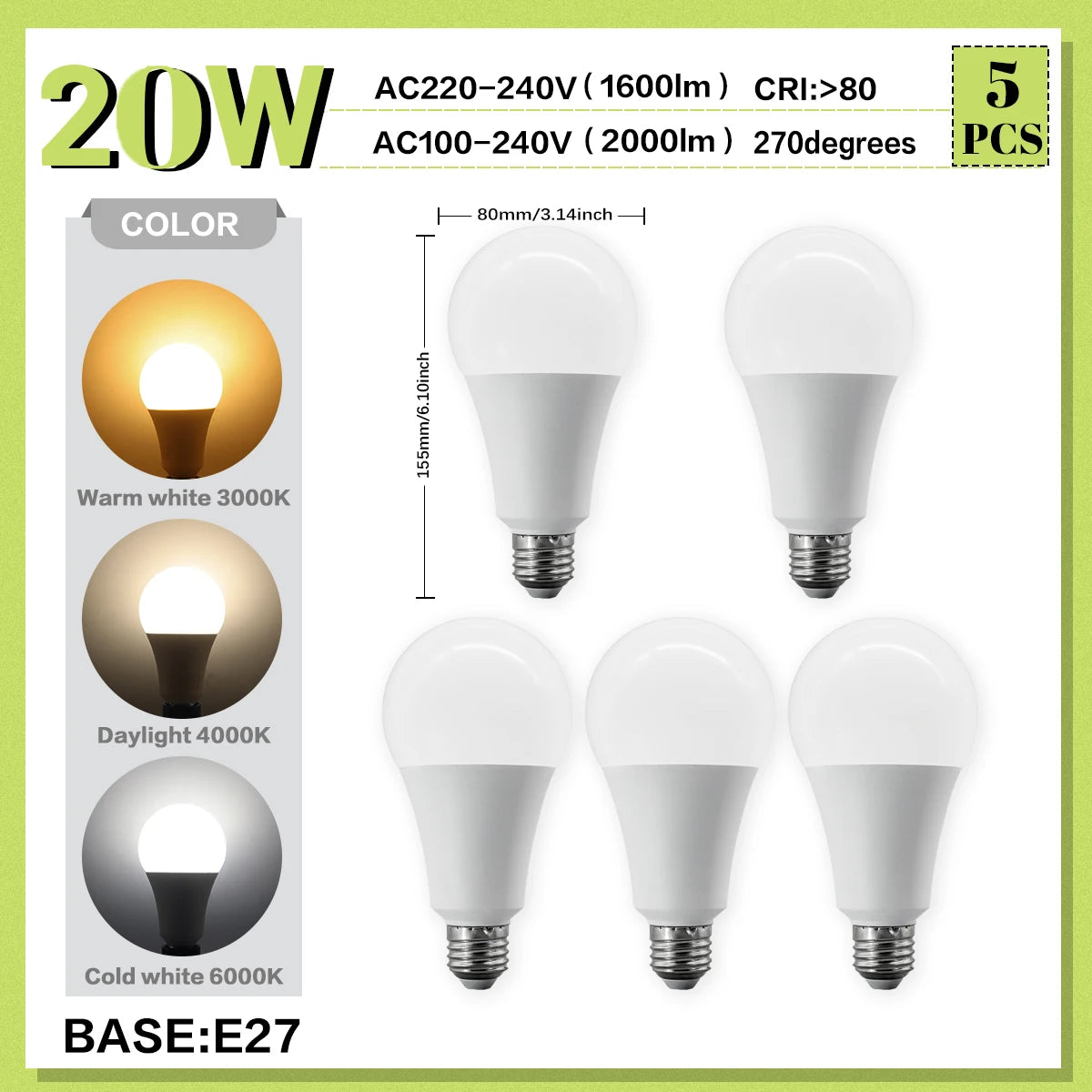 5PCS 20W 18W 15W 12W 10W 9W 8W E27 LED Bulb Lamps AC220V Light Bulb Real Power A60 A80 Lampada Living Room Home LEDS Bulb