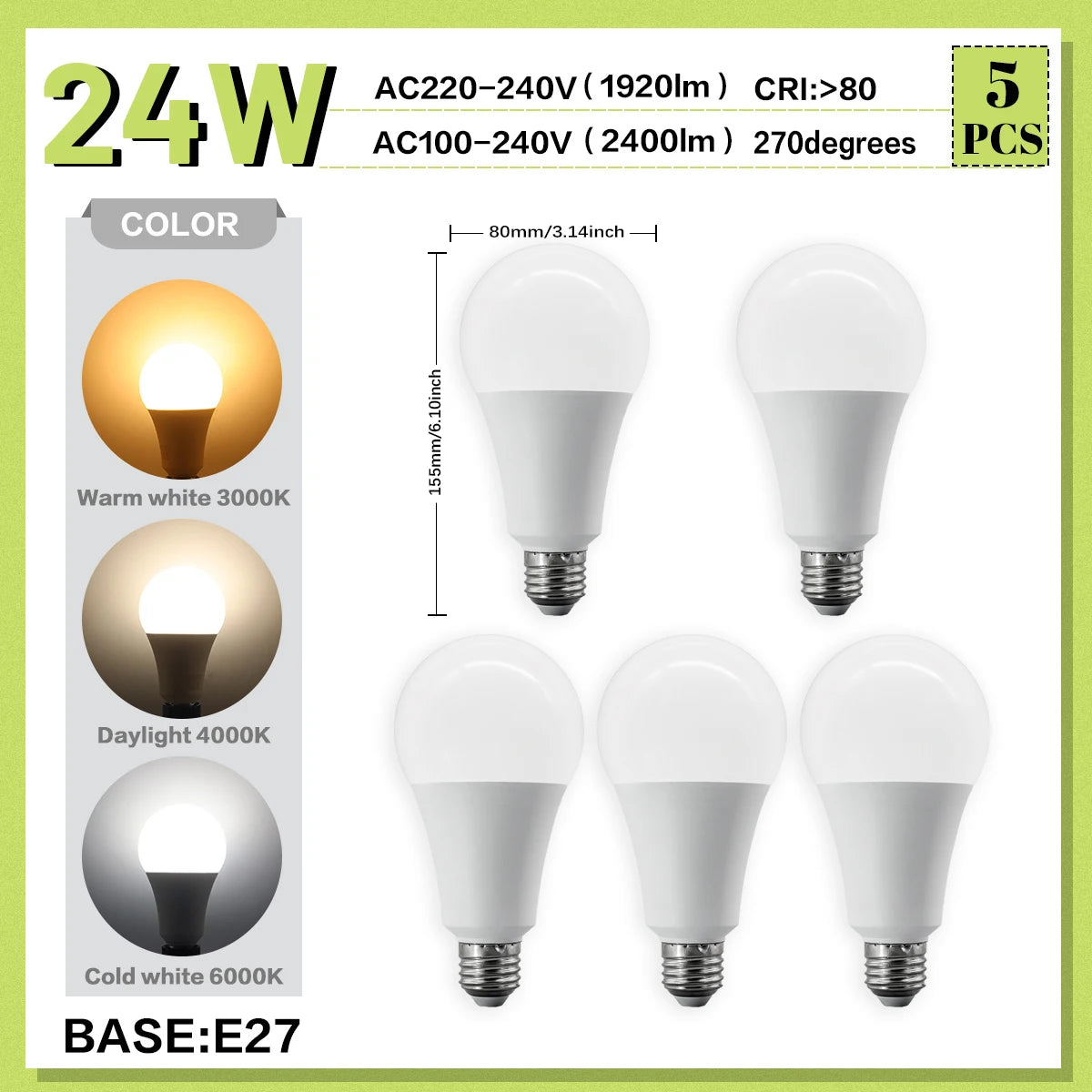5PCS 20W 18W 15W 12W 10W 9W 8W E27 LED Bulb Lamps AC220V Light Bulb Real Power A60 A80 Lampada Living Room Home LEDS Bulb