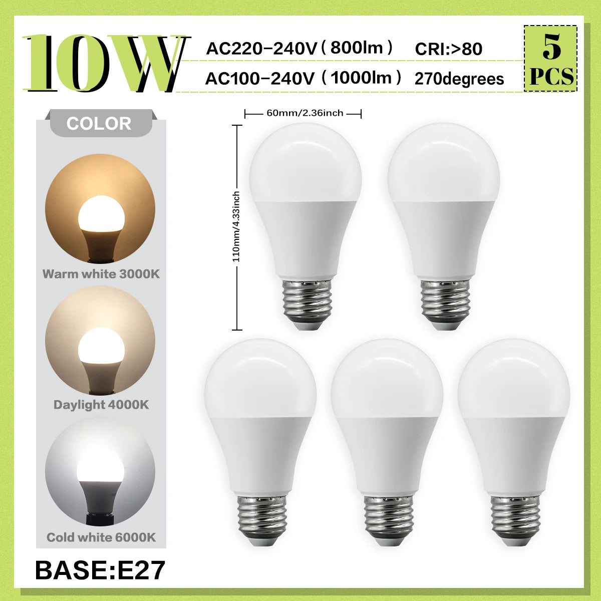 5PCS 20W 18W 15W 12W 10W 9W 8W E27 LED Bulb Lamps AC220V Light Bulb Real Power A60 A80 Lampada Living Room Home LEDS Bulb