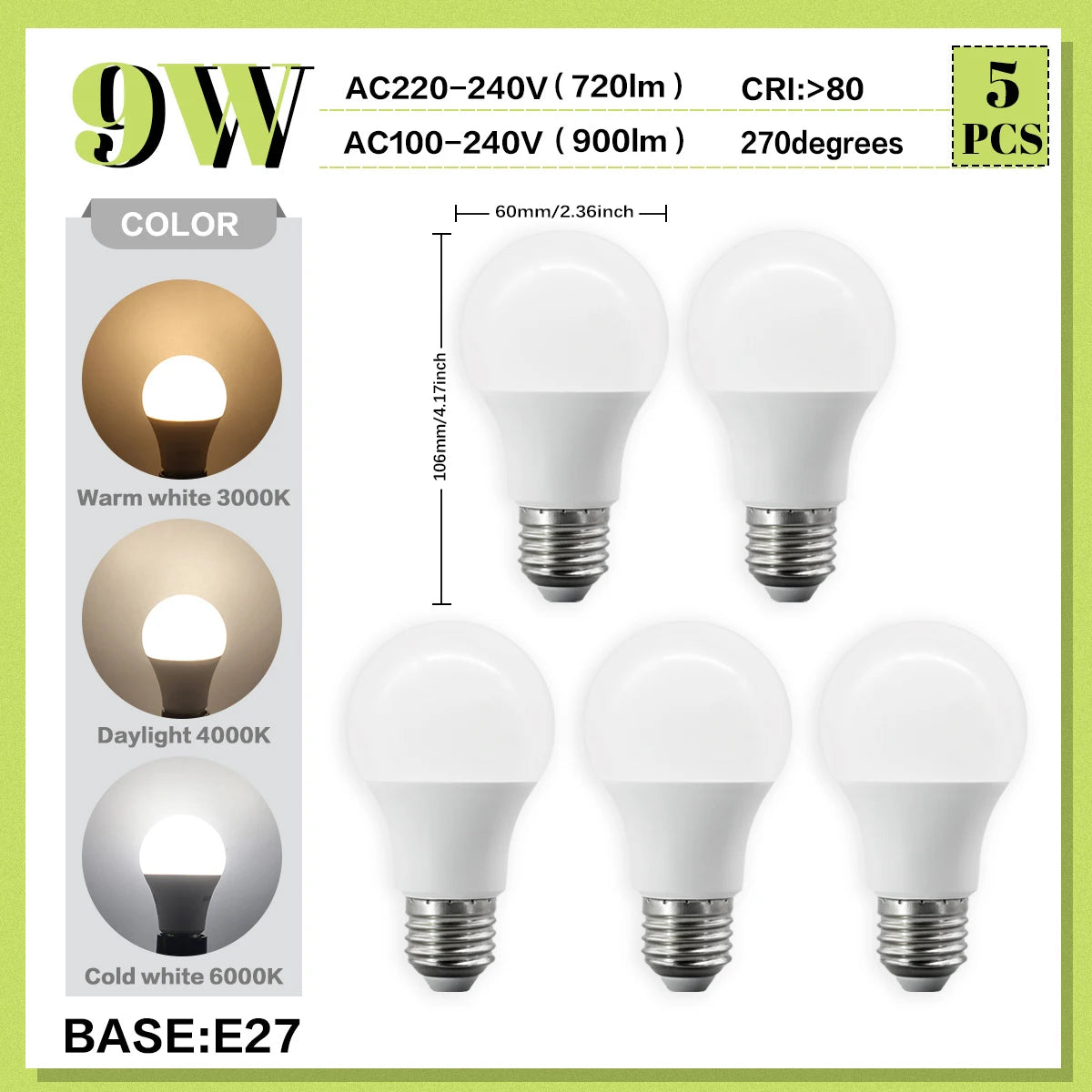 5PCS 20W 18W 15W 12W 10W 9W 8W E27 LED Bulb Lamps AC220V Light Bulb Real Power A60 A80 Lampada Living Room Home LEDS Bulb